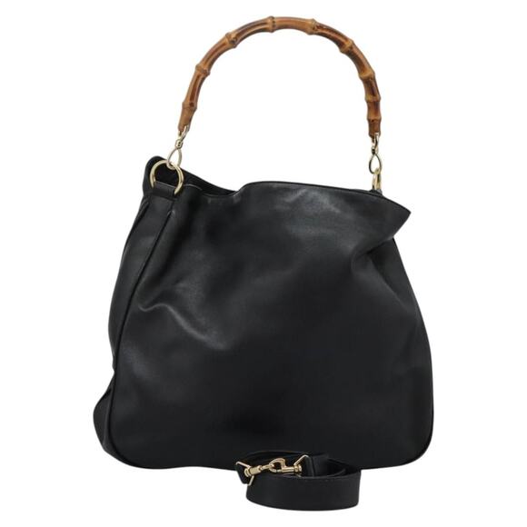 GUCCI Bamboo Hand Bag Leather Black Gold 001 1014 1577 0 - Picture 1 of 16